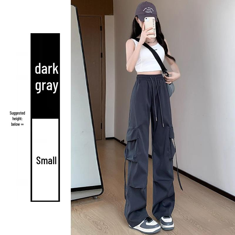 Petite High Waist Gray Wide Leg Cargo Pants for Women - Spring/Summer 145cm Length