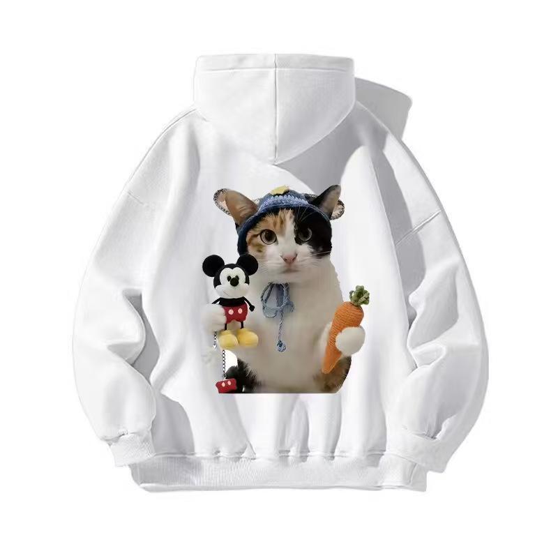 Trendy Autumn/Winter Cat Print Plush Lined Hooded Sweatshirt - Loose, Casual, Versatile Jacket