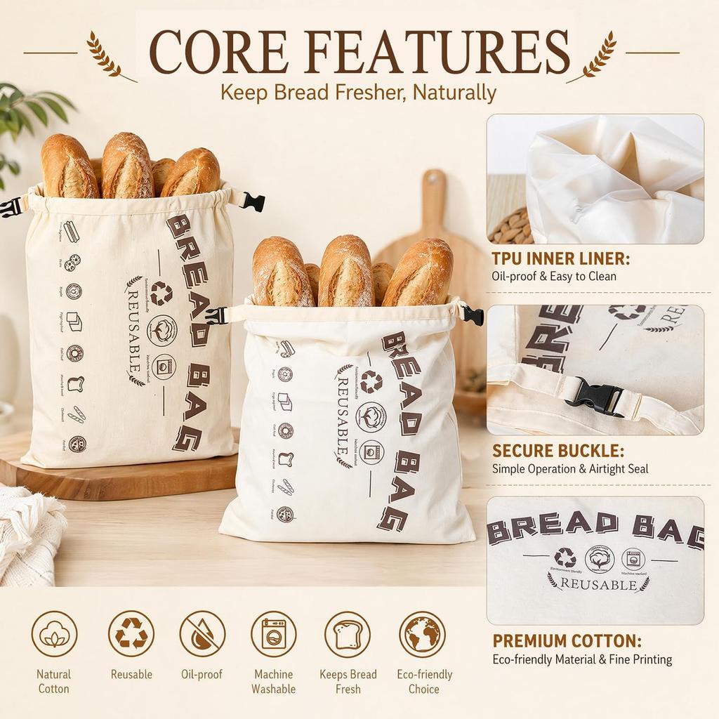2 Pieces of Beeswax, Bread Bags 42x33cm, Made from Organic Cotton and Natural Beeswax, Reusable Bread Bag To Keep Order for Sourdough