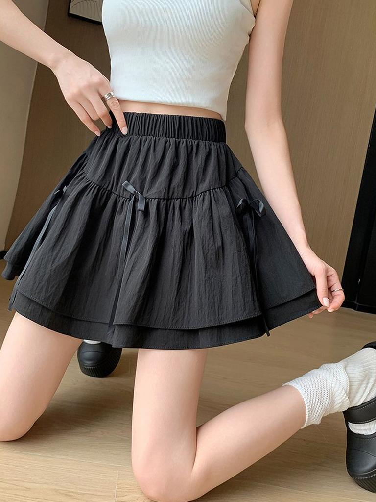 Cute Bow Mini Skirt with Shorts Women's Y2K Sweet Style Cake Skirt Ruffle Elastic Waist Fashion Female Clothing