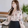 Women's Long Sleeved Bottoming Shirt Spring Autumn New Scarf Collar Tie Up Print Chiffon Top S-5XL