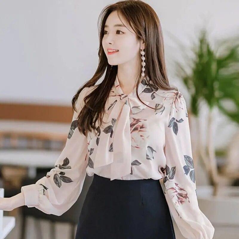 Women's Long Sleeved Bottoming Shirt Spring Autumn New Scarf Collar Tie Up Print Chiffon Top S-5XL