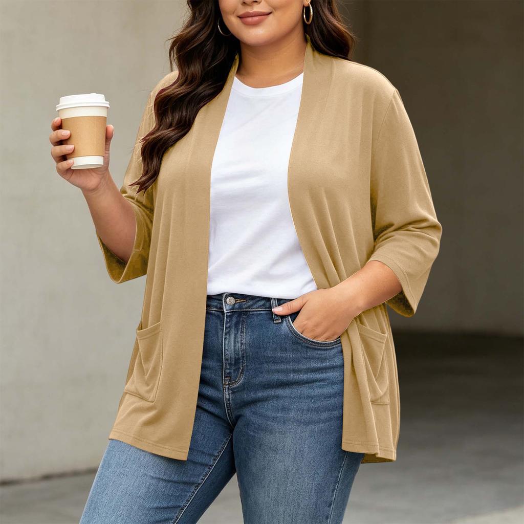 Women's Plus Size Cardigan Top Color 3/4 Sleeve Casual Everyday Wear