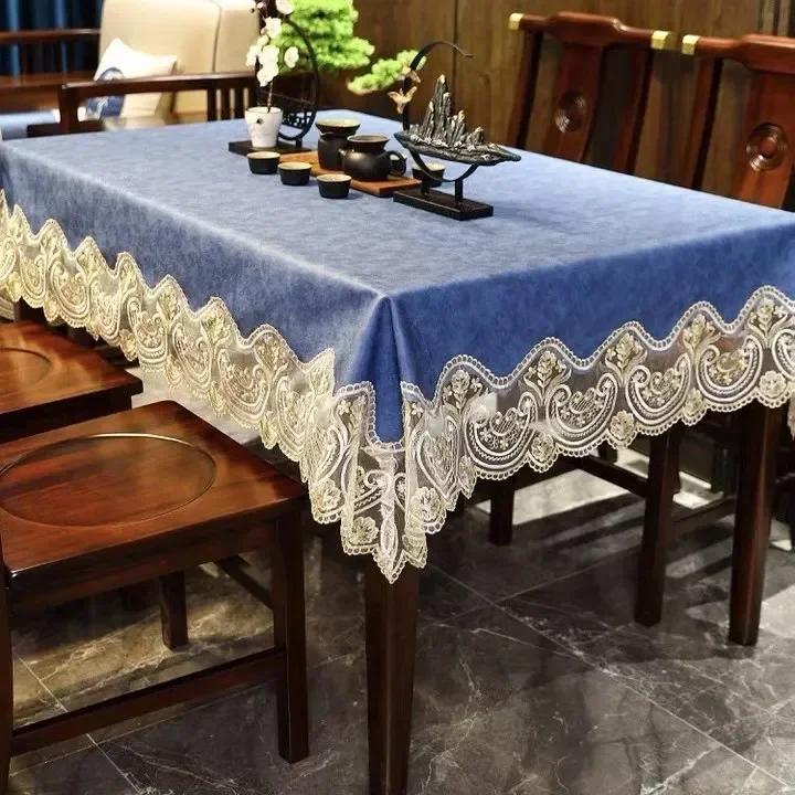 Tablecloth Waterproof and Oil Resistant Lace Embroidery Edge PU Table Cover Home Dining Table Decoration Mat