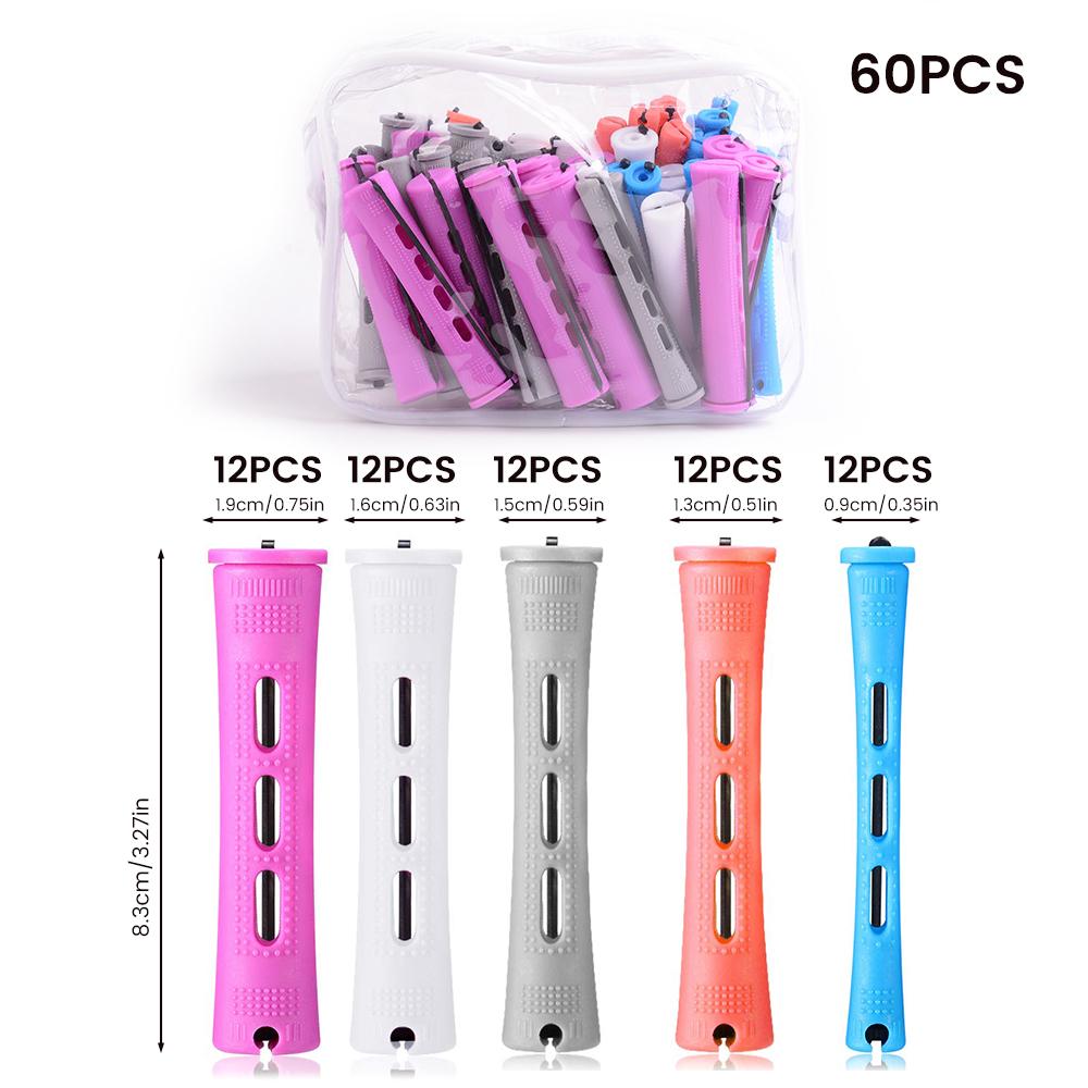 

60Pcs Perm Curlers 5 Sizes Perming Bars Salon Rubber Band Hair Rollers Cold Perm Curler Bars Hair Clip Curling Fluffy Wavy Hair