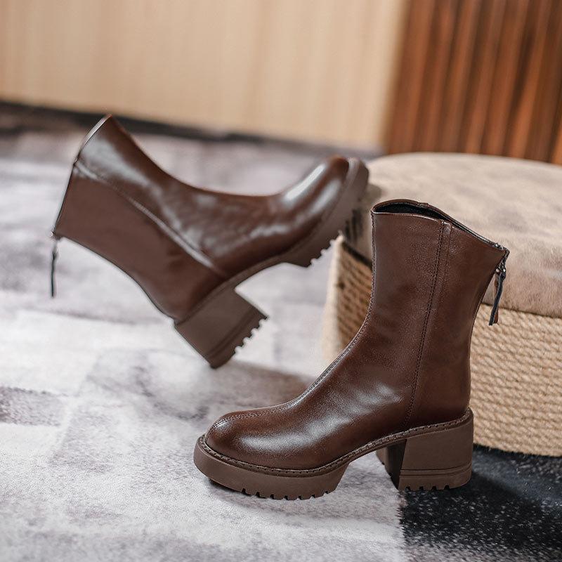 Short boots women's thick heel platform British style 2025 new Martin boots high heel medium tube brown retro spring and autumn single boots