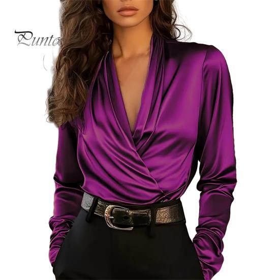Everyday Luxury Blouse Women Shirt V-Neck Long Sleeve Pleated Design Pullover Tops Solid Smooth Fabric Color Relaxed Fit Three-Dimensional Pleats