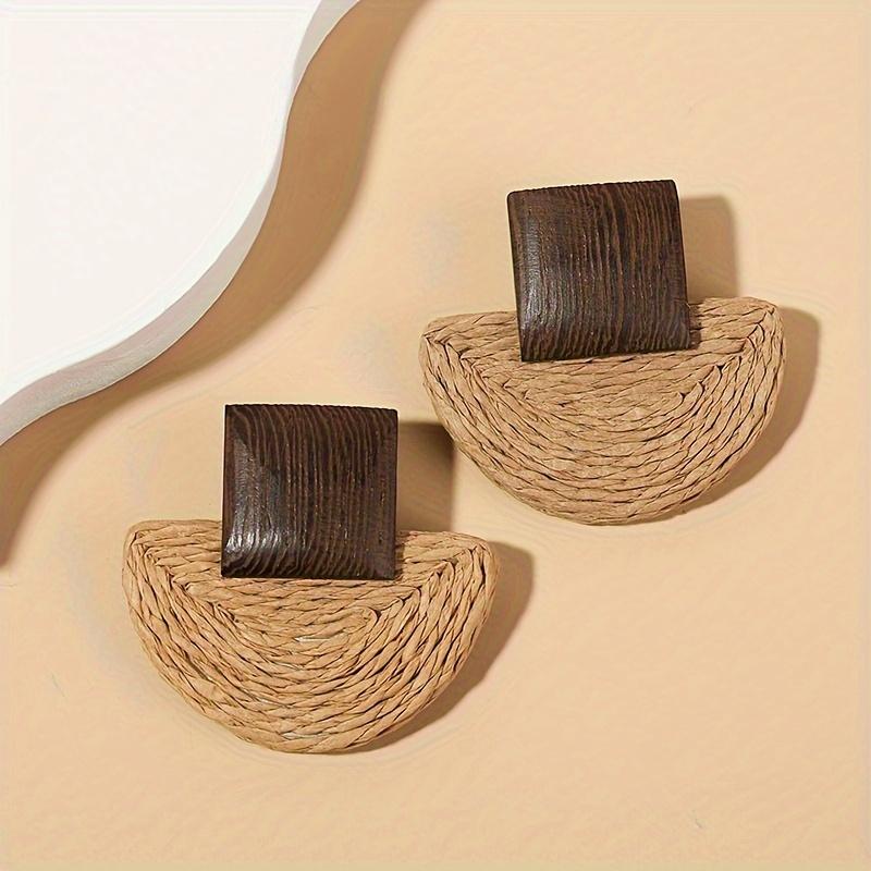 Boho-Chic Handcrafted Rattan Fan-Shaped Wooden Earrings for Women