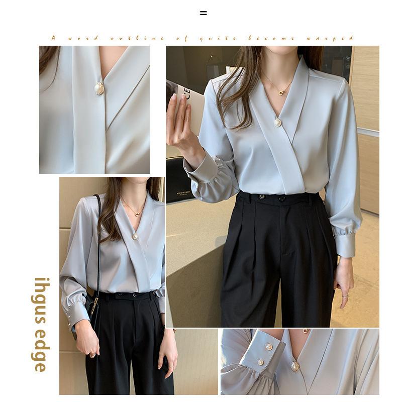 New Spring and Autumn Elegant Pearl Decorated Silk Satin High-End V-Neck Chiffon Blouse for Women