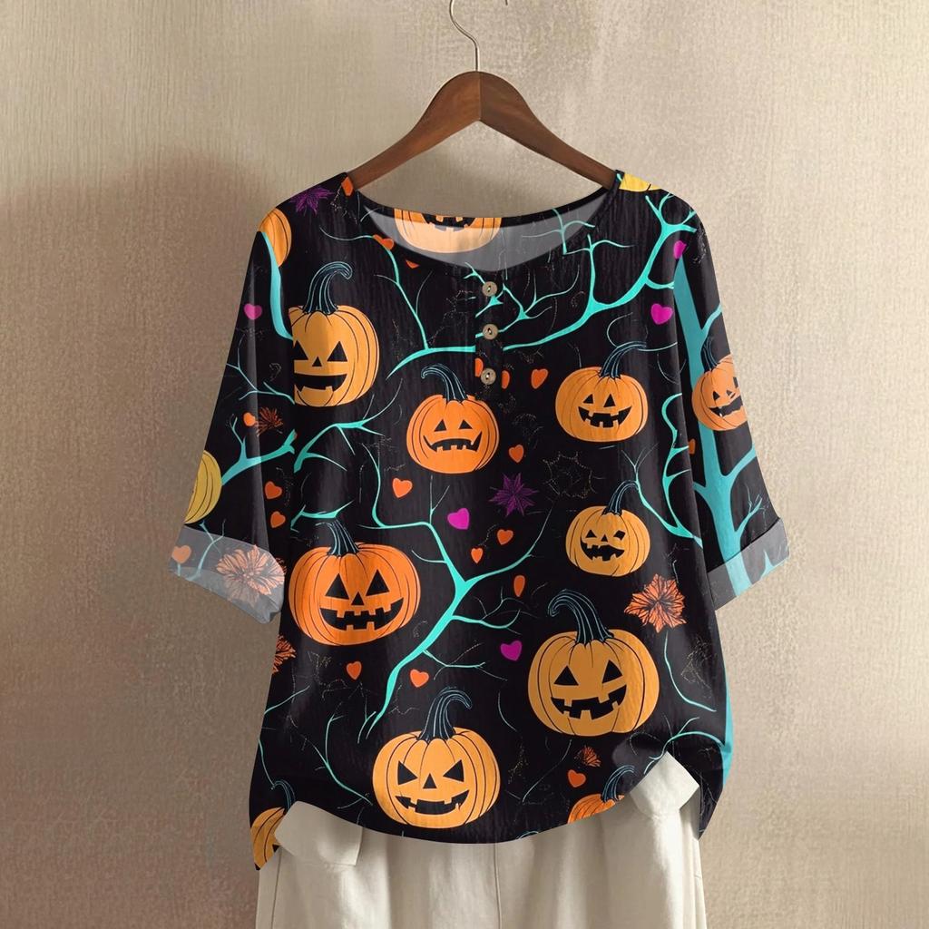 Damen Modisches Und Lässiges Shirt Halbarm Rundhals Print Baumwolle Und Leinen Bluse Top