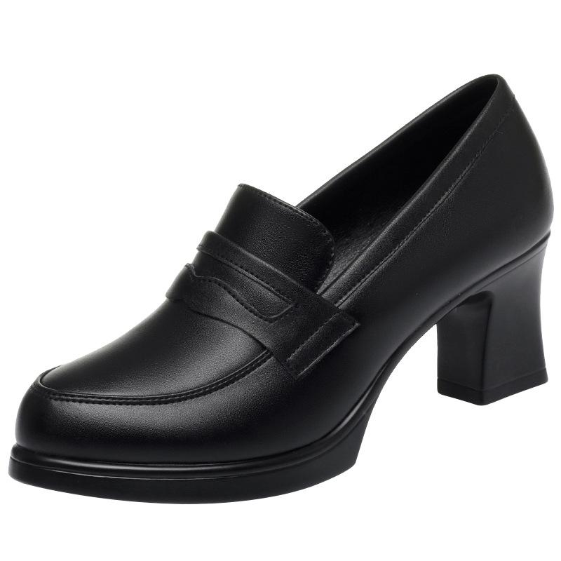 High heels women, spring new thick heel waterproof table deep mouth single shoes women's pointed head thick sole host etiquette leather shoes