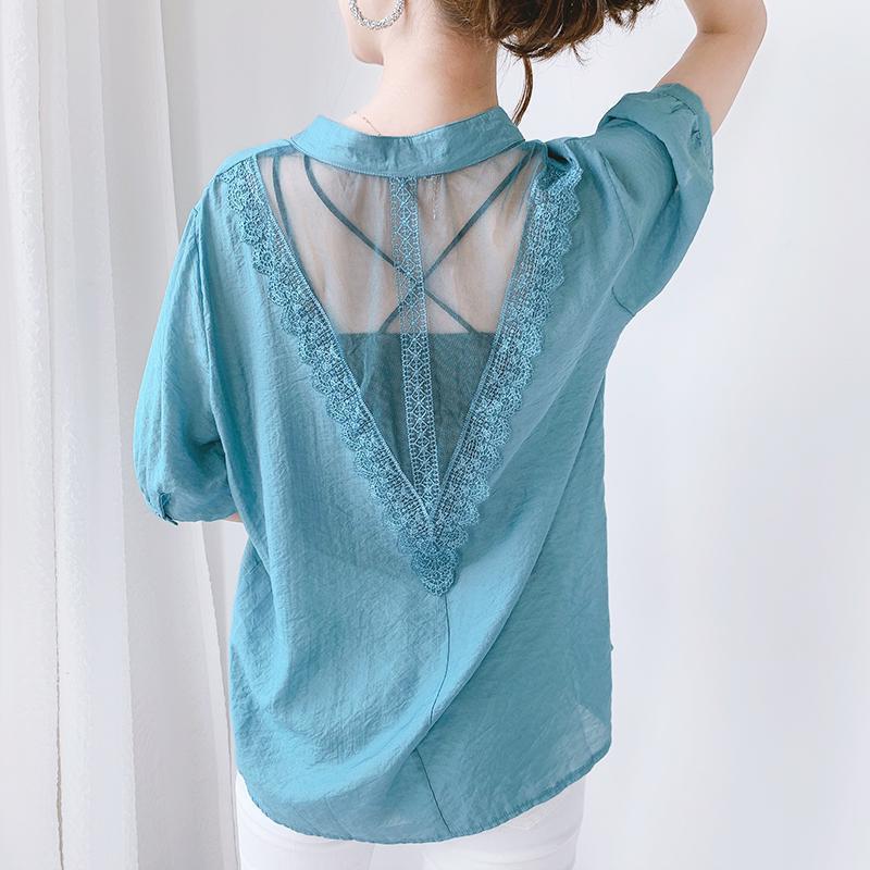 Elegant Solid Hollow Out Lace Patchwork Perspective Shirt Summer 2024 V-Neck Short Sleeve Loose Pullover Blouse Women's Clothing