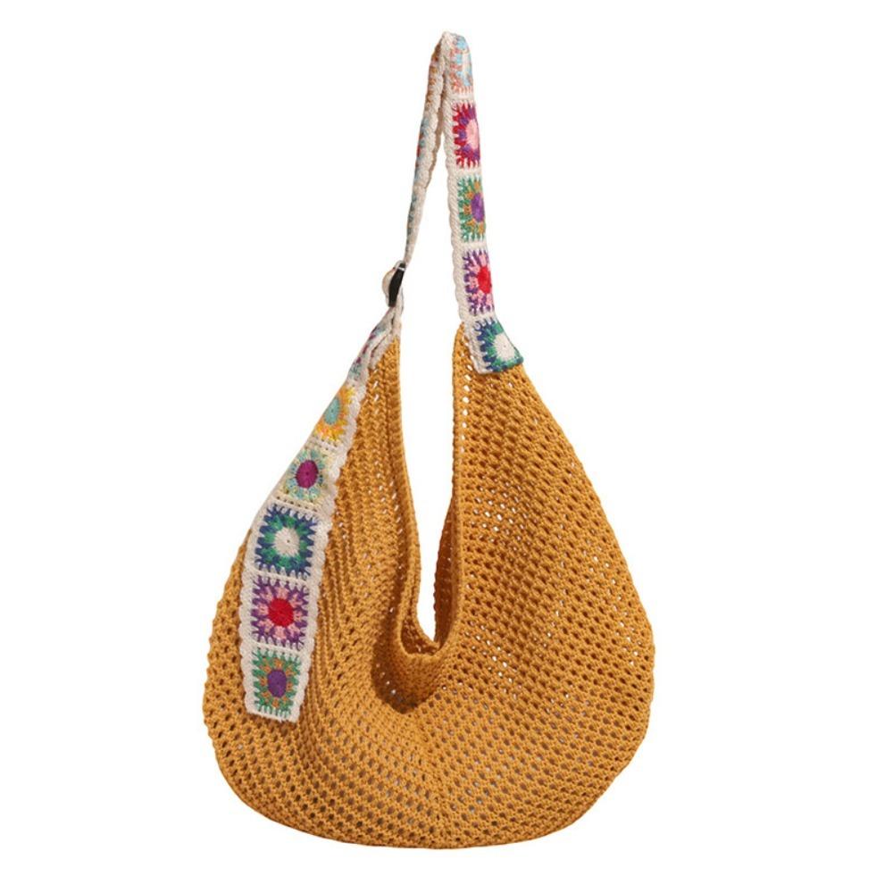 New Large Capacity Crochet Tote Bag Embroidered Strap Lightweight Hollow Woven Bag Flower Knitting Handbag Female
