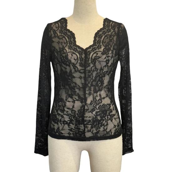 Women Tops V-Neck Long Sleeve See-through Lace Floral Design Pullover Tops Slim Fit Layering Versatile Tops