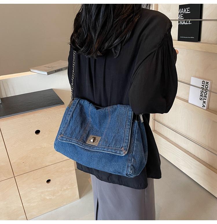 Retro casual denim bag women's 2024 new high-end chain shoulder bag large-capacity commuter tote bag