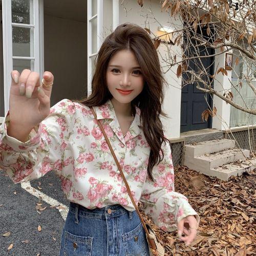 

Женская рубашка с цветочным принтом во французском стиле в стиле ретро, с воротником-стойкой, рубашка с узором «милая роза» и топ с чувством дизайна M