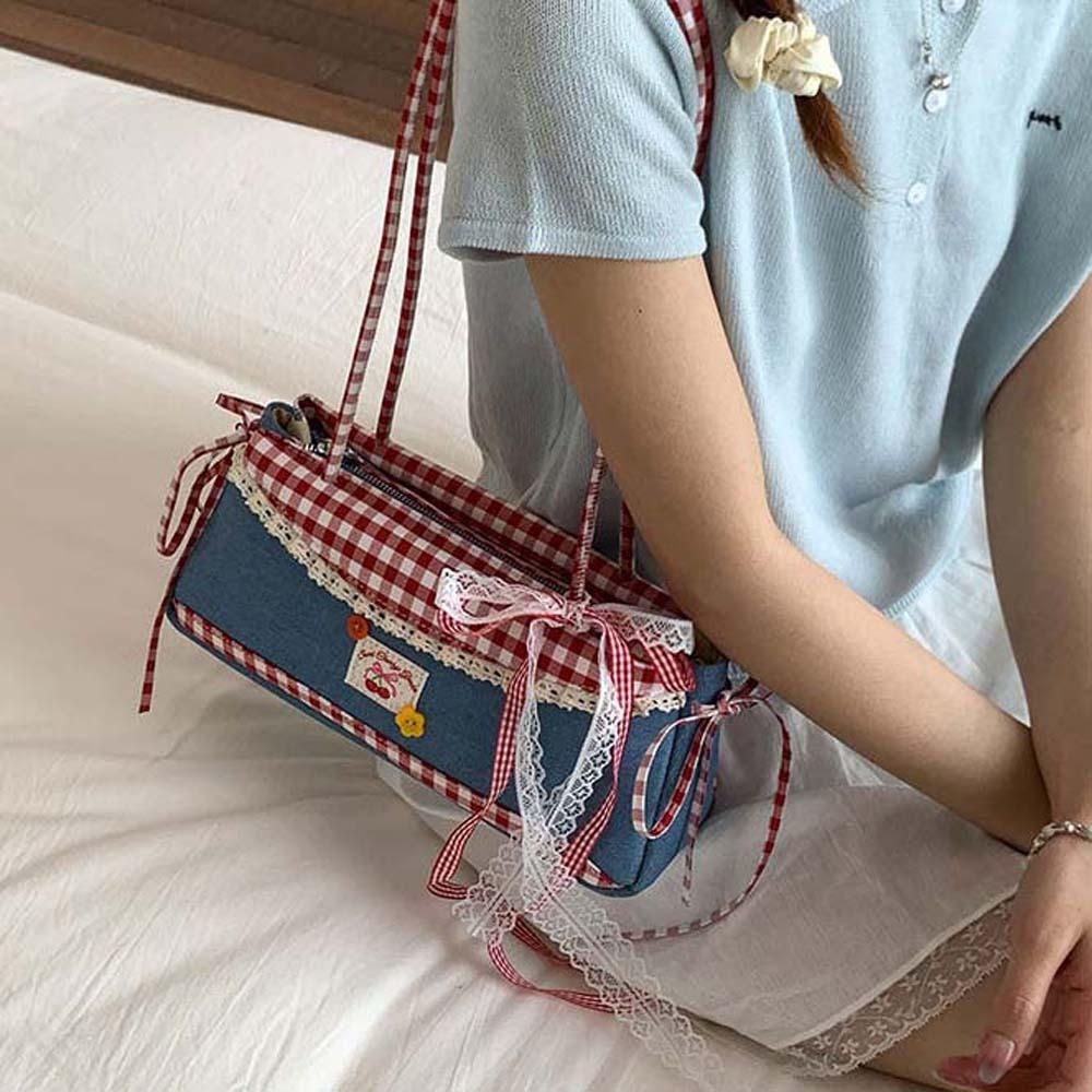 Denim Blue French Stick Handbag Sweet Cloth Underarm Bags All-match Plaid Shoulder Bag Women