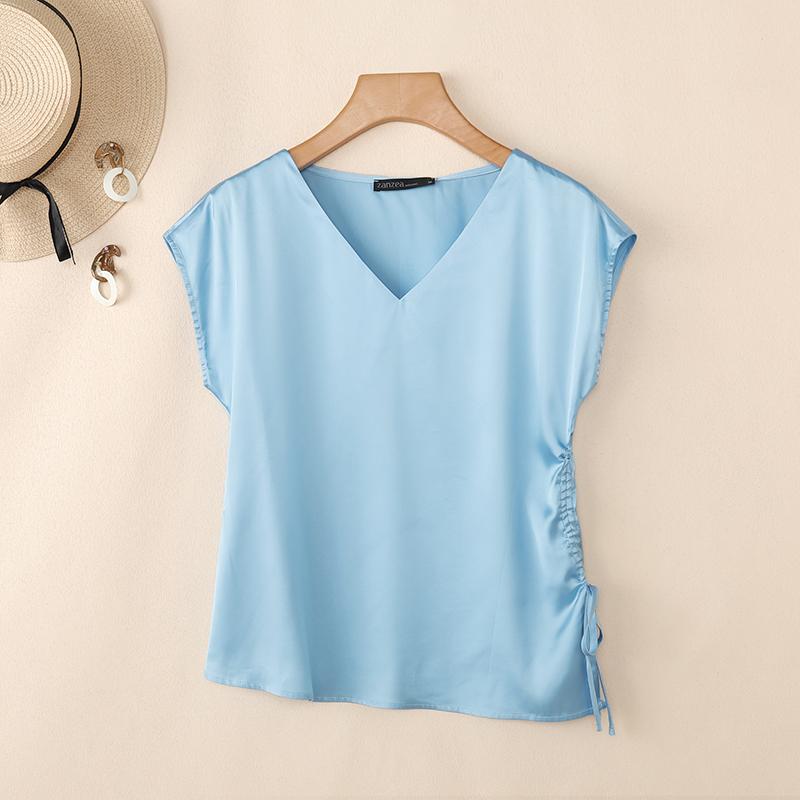ZANZEA Womens Casual V-Neck Solid Color Drawstring Hem Loose Short Sleeve Blouse