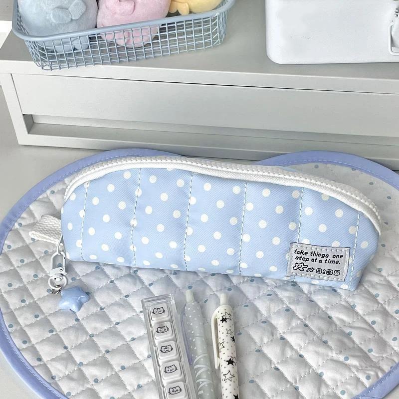 Polka Dot Pencil Case Soft Padded Durable Zipper Dustproof Stationery Organizer for Students School Business Trip Use