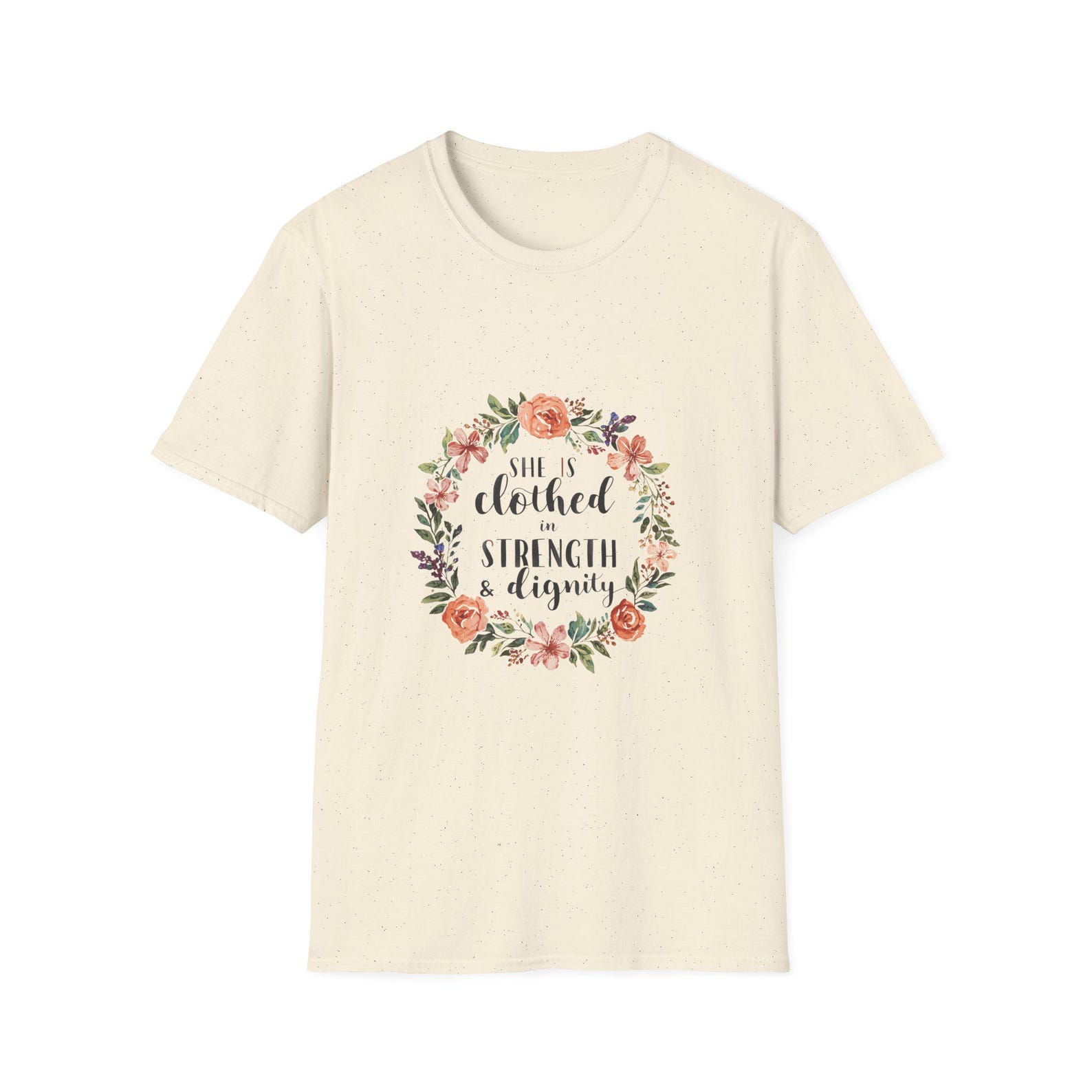 She is clothed with strength & dignity T-Shirt | Floral wreath typography | Women Faith | Jesus | XL