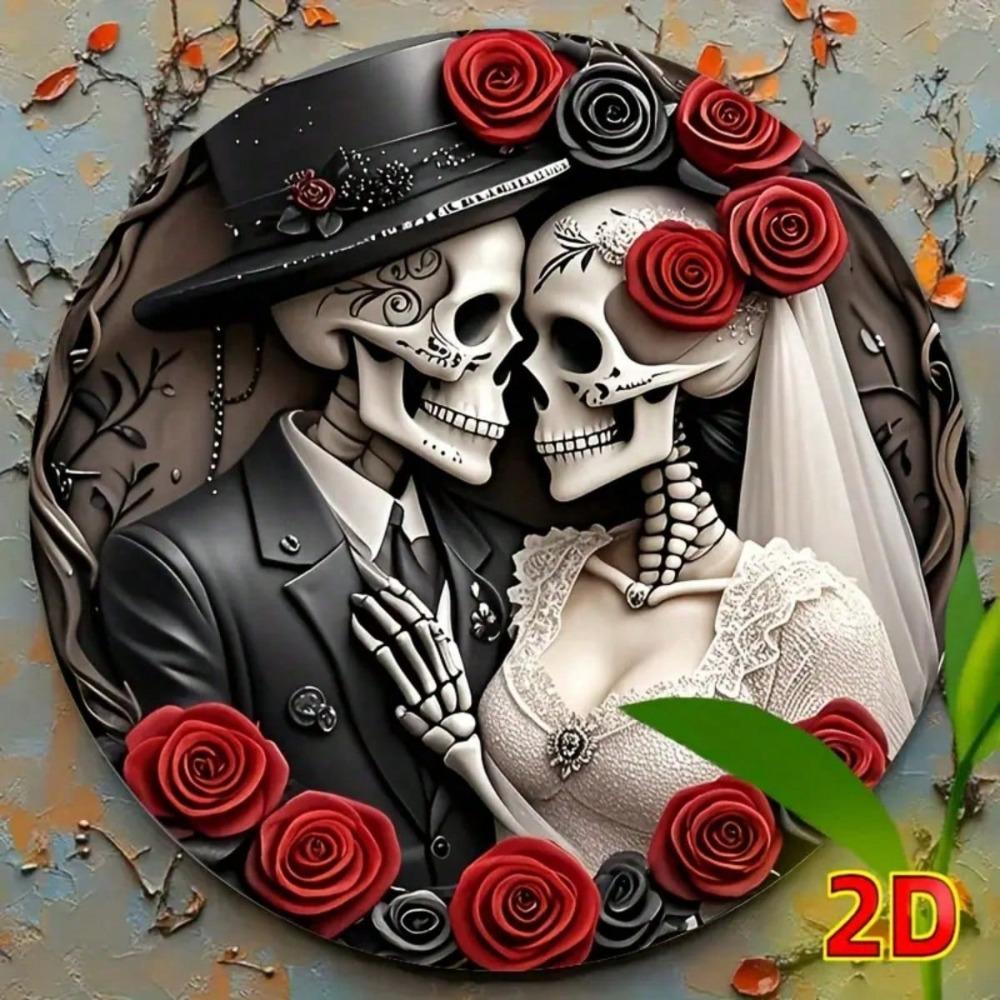 Vintage Metal Wall Art Skeleton Couple Floral Decor for Halloween Day of the Dead Home Bar Restaurant Office Gift