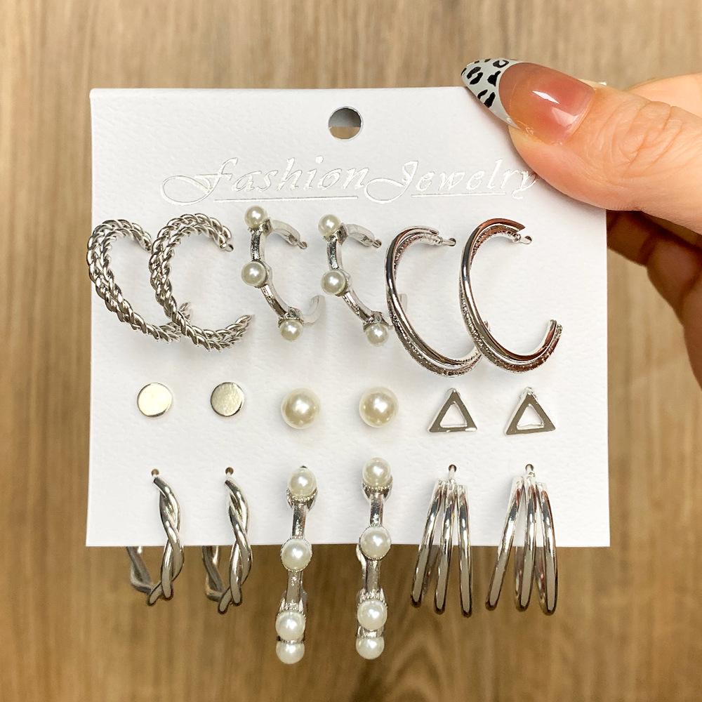 6-teiliges Übertriebenes Geometrisches Perlen- & Strass-Ohrring-Set für Damen