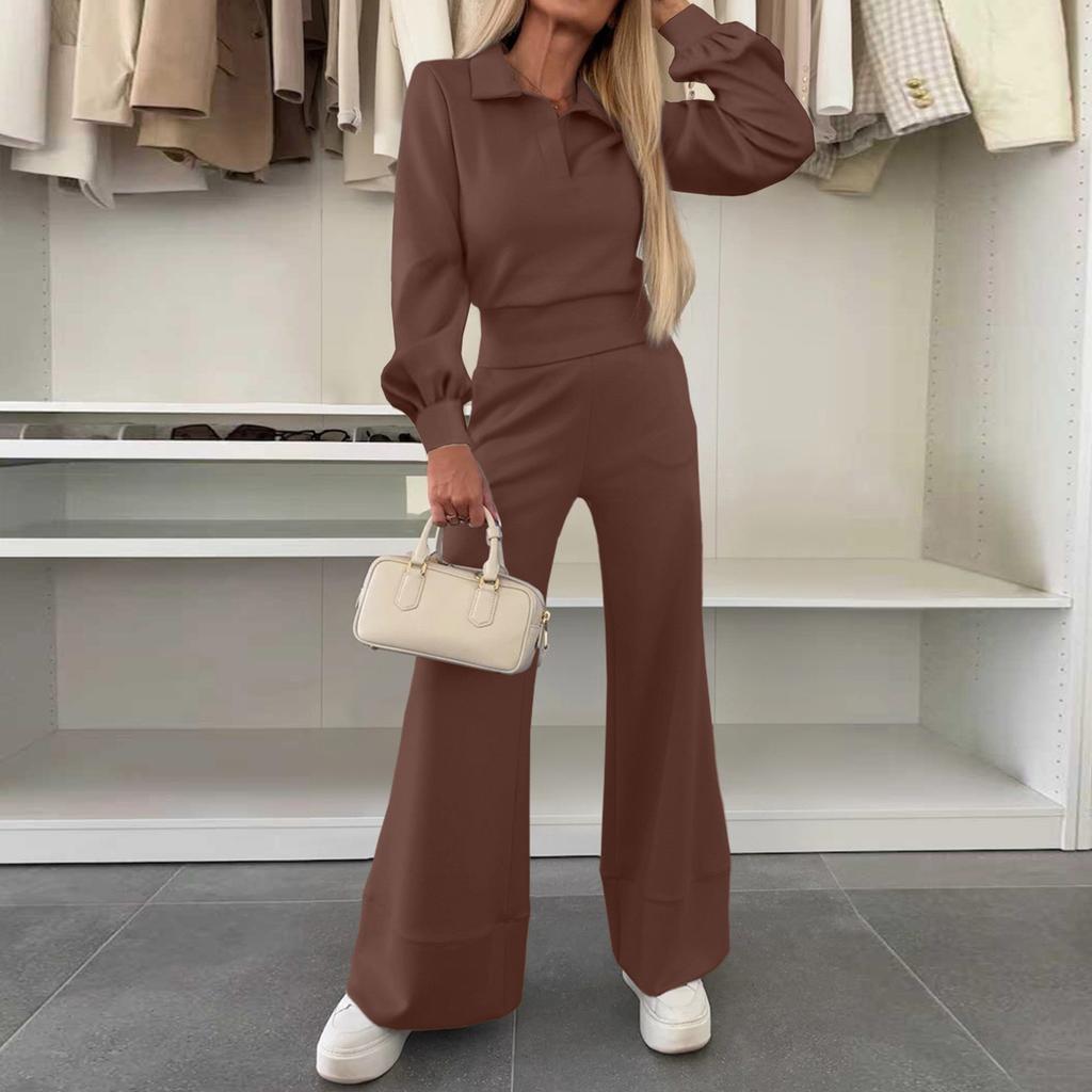 Modă Femei Casual Acasă Culoare Solidă Rever Mânecă Lungă Top Pantaloni Elastici cu Picior Larg Set Două Piese