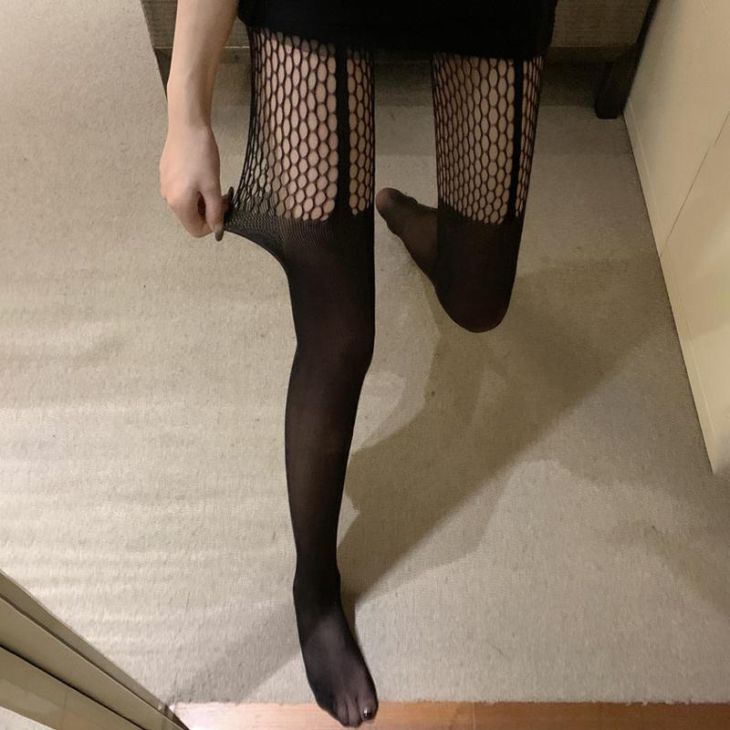 Schwarz Gestreifte Goth Fischernet Strumpfhose Damen Sexy Ausgeschnittene Fischernet Strümpfe