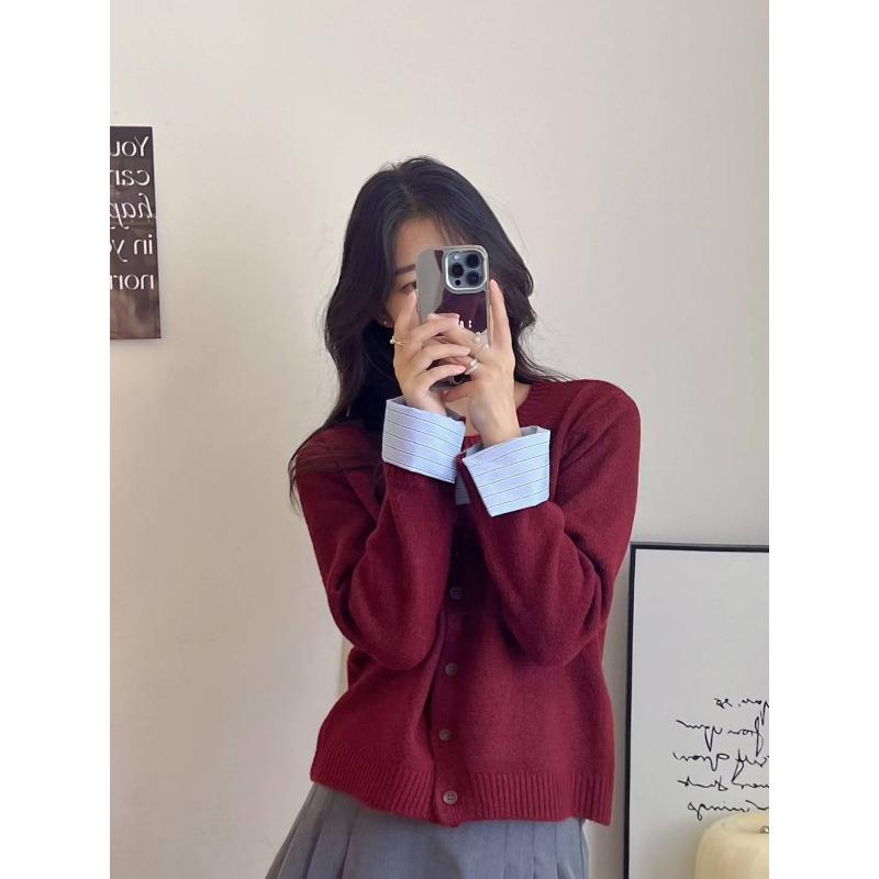 Autumn and Winter New Splicing Shirt Sleeves Knitted Cardigan Women's Loose Round Neck Versatile Temperament Sweater Jacket