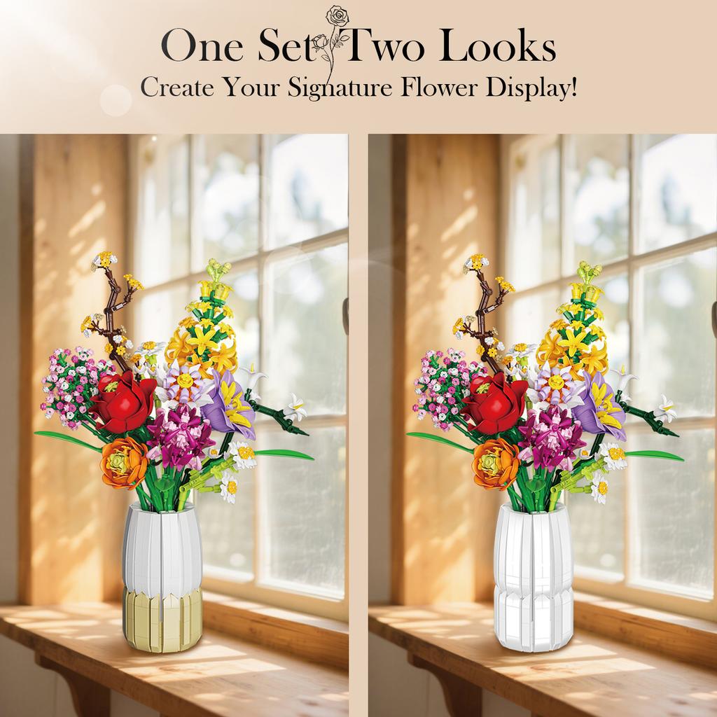 1458PCS Flower Bouquet Building Blocks Rose Daisy Hyacinth Model Desktop Decoration Educational DIY Romantic Gift For Kids Adult