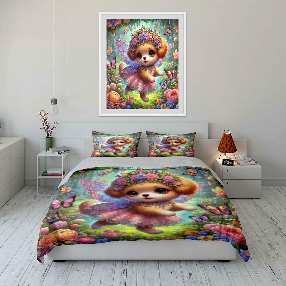 Fairy Dog Amidst Butterflies And Blooms Printed Duvet Cover Set1 Duvet Cover+2 Pillowcasemulti Size Bedroom Bedding Decor
