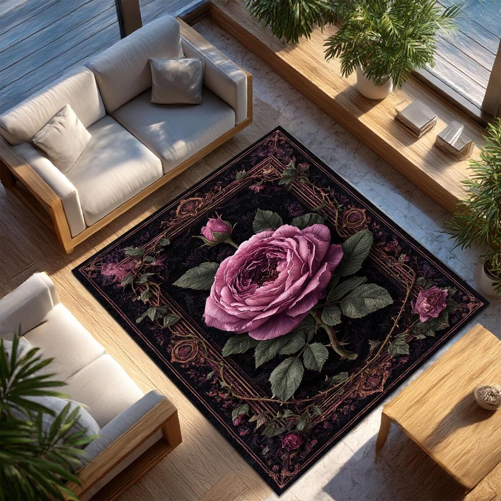 Alfombra de Área Floral Vintage Lujosa Antideslizante Lavable a Máquina Felpudo para Decoración de Sala de Estar Dormitorio Oficina Alfombra Lavable