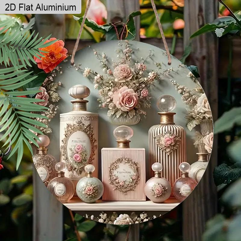 2D Flat 1pc Vintage Perfume Aluminum Sign Round Ornament - Embossed Floral Design Art, Home Office Bedroom Balcony Decor, Indoor/Outdoor Door Wall