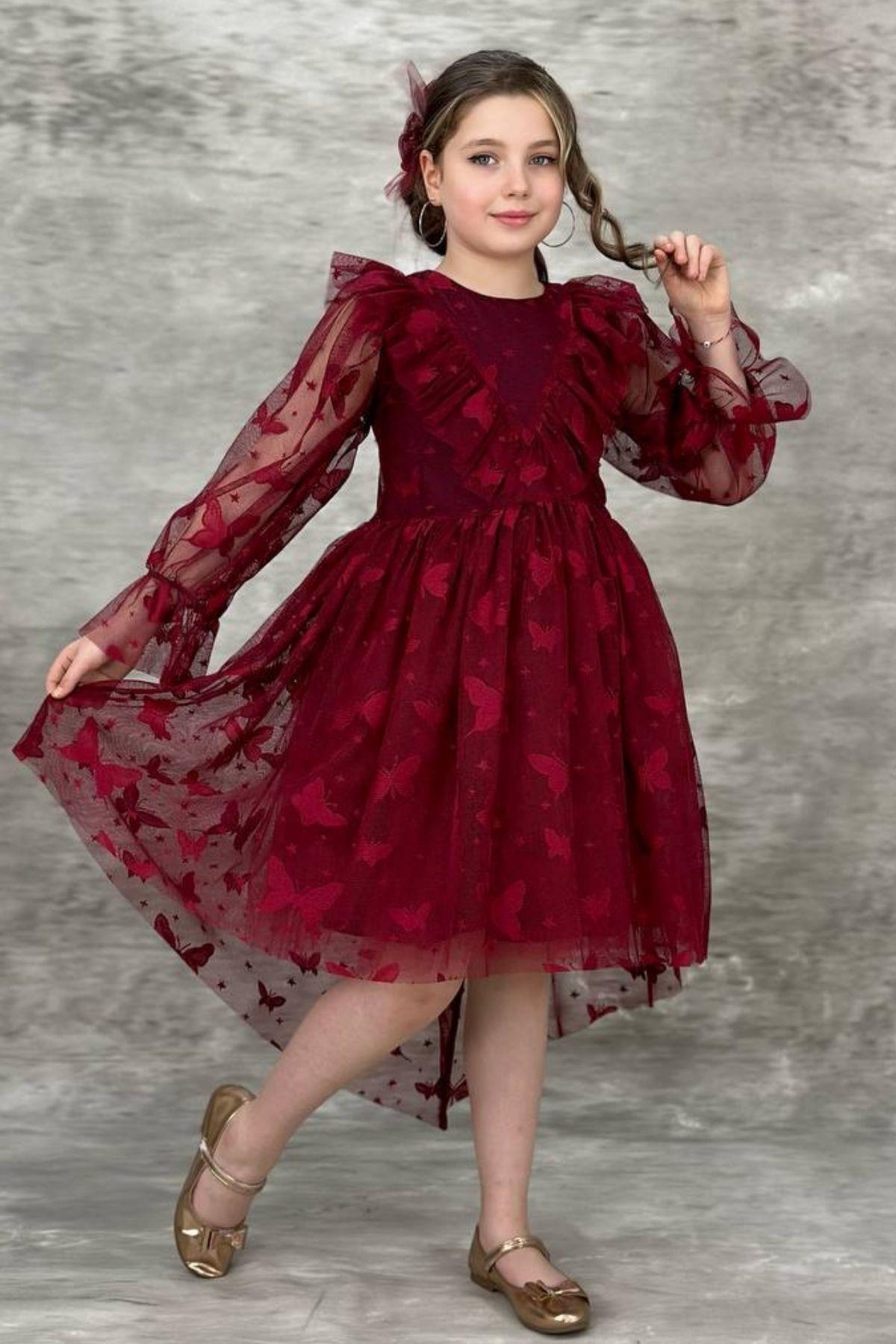 

Girl s Butterfly Patterned Transparent Detailed Tailed Claret Red Dress