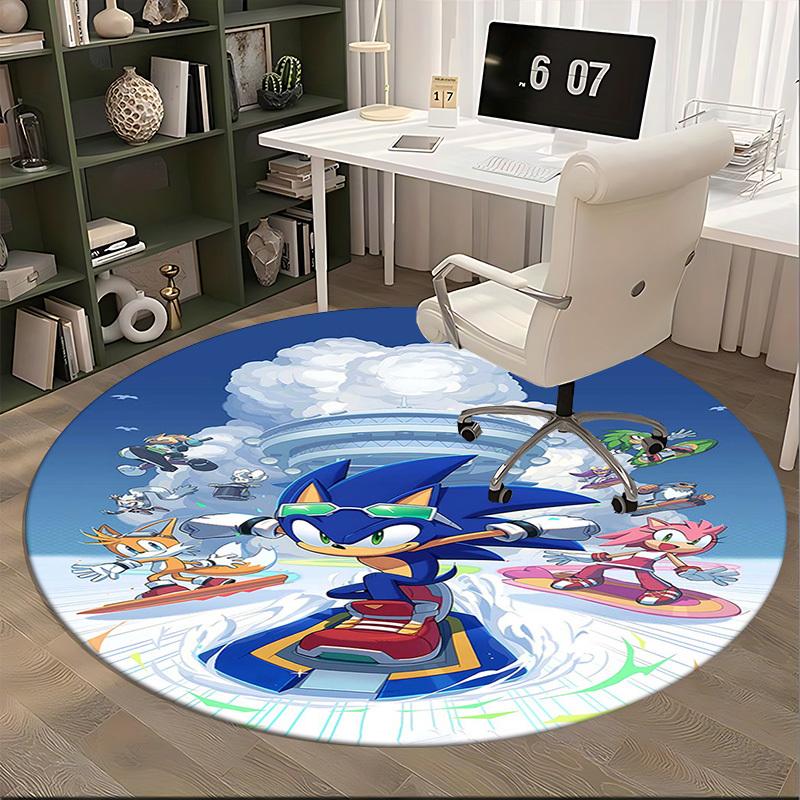 1pc Sonic the Hedgehog Anime Cartoon Design Round Carpet Office Chair Mat, NonSlip Rug for Home Decor, Living Room, Bedroom