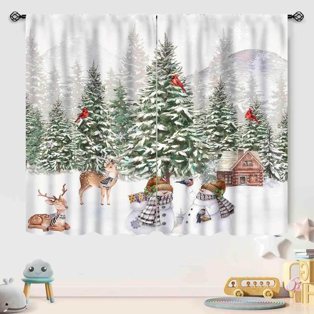 Winter Kitchen Christmas,Christmas Pine Tree Nature Forest Deer Watercolor Cabin Rustic Farmhouse Holiday Window Treatments