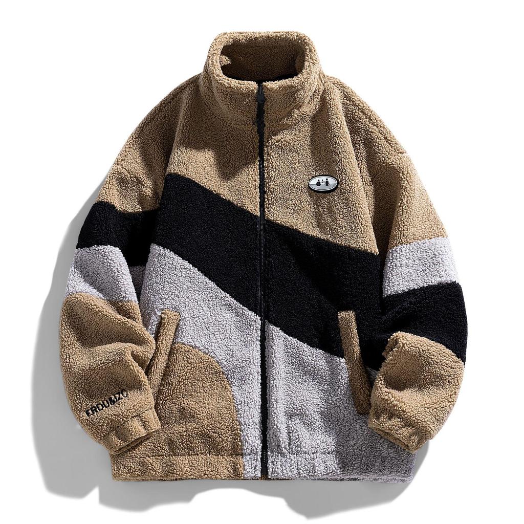 Autumn and Winter Lamb Wool Jacket for Male Couples, Lamb Wool Stand Up Collar Jacket, Color Blocked Versatile Top