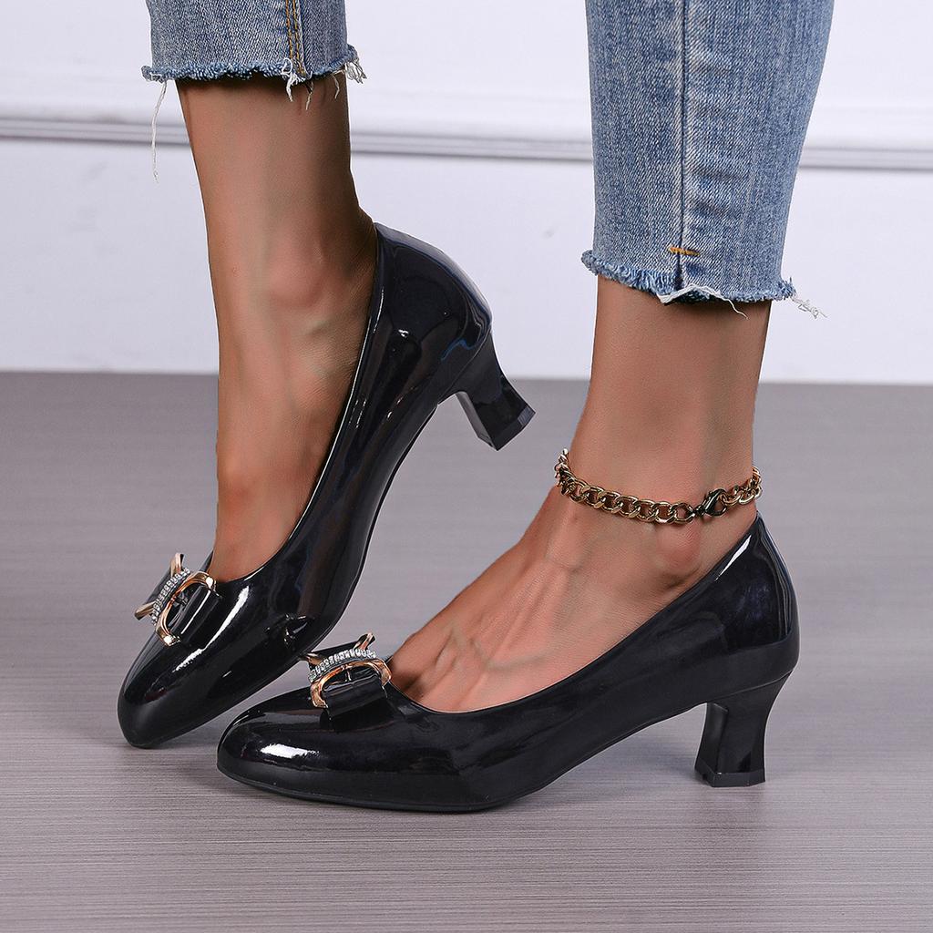 Spring and Autumn new bow high heels shallow single shoes pointed women's shoes casual thick heel work shoes