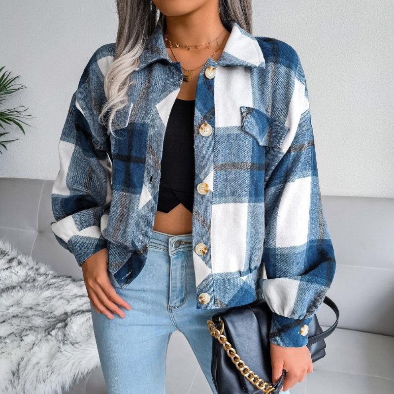 Short lapel fake pocket blue plaid lantern long-sleeved woolen jacket, spring and autumn fashion street women's trend jacket