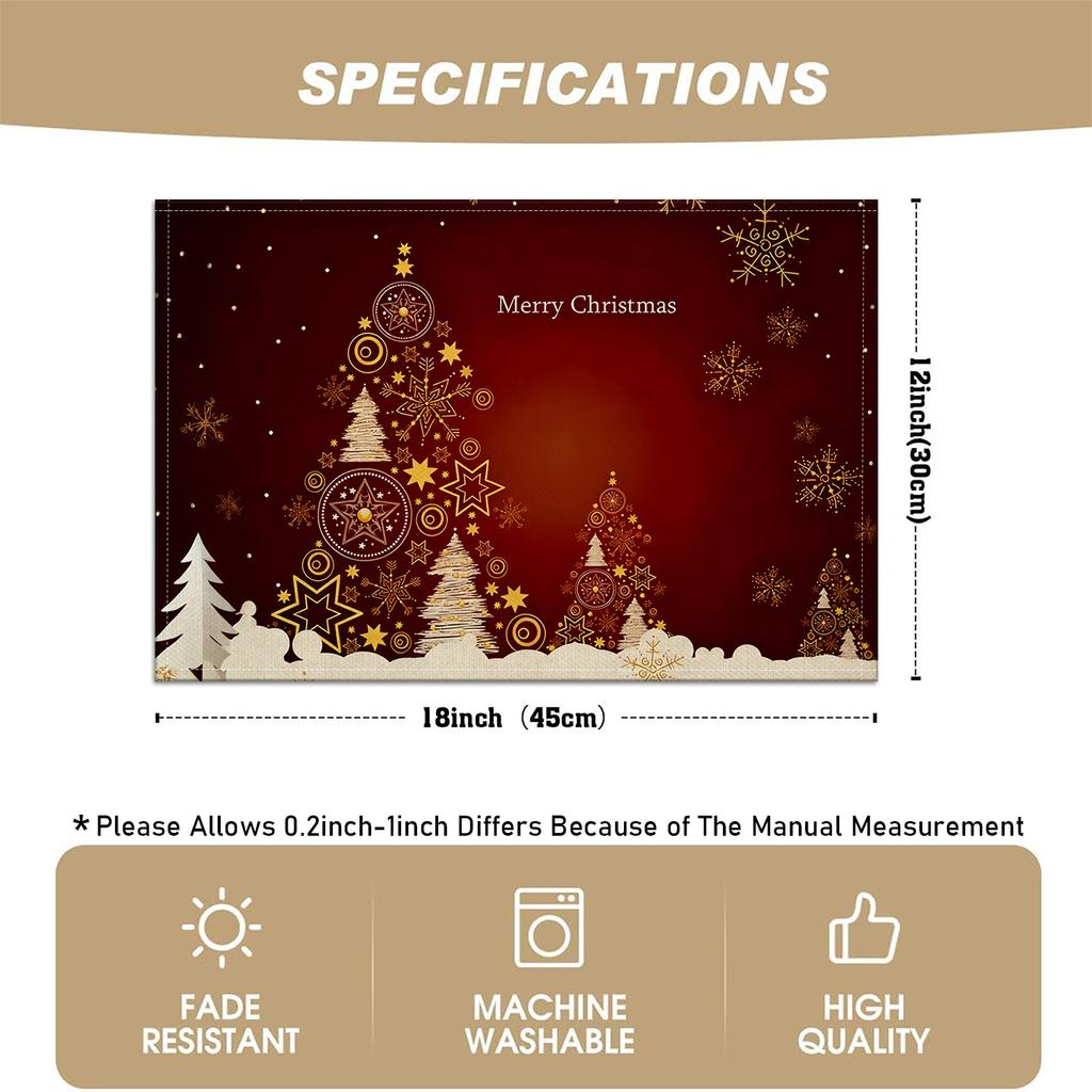 4/6pcs Christmas Theme Linen Placemats, Featuring Christmas Tree, Snowflake, and "Merry Christmas" Text Patterns, Suitable for Holiday Table Decor, Di
