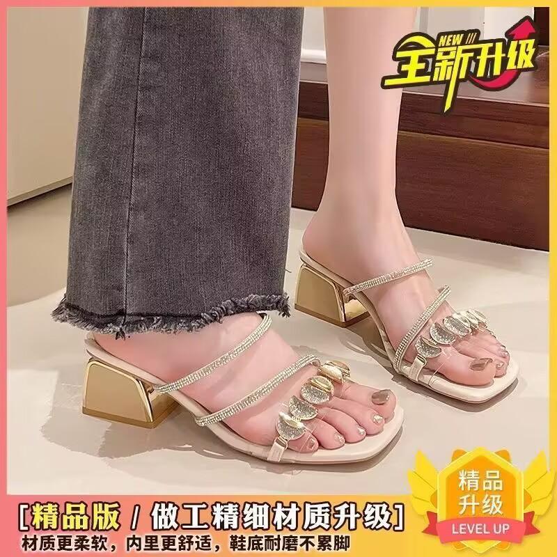 

Slippers women summer wear 2025 new Internet celebrity rhinestone shoes fashion thick heel high heels middle heel word sandals women 35