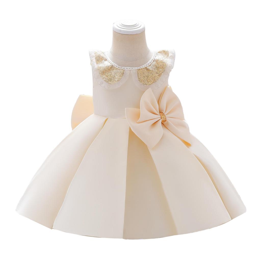 2025 Girls' Princess Formal Dress with Big Bow and Puffy Satin Skirt for Toddlers and Young Kids