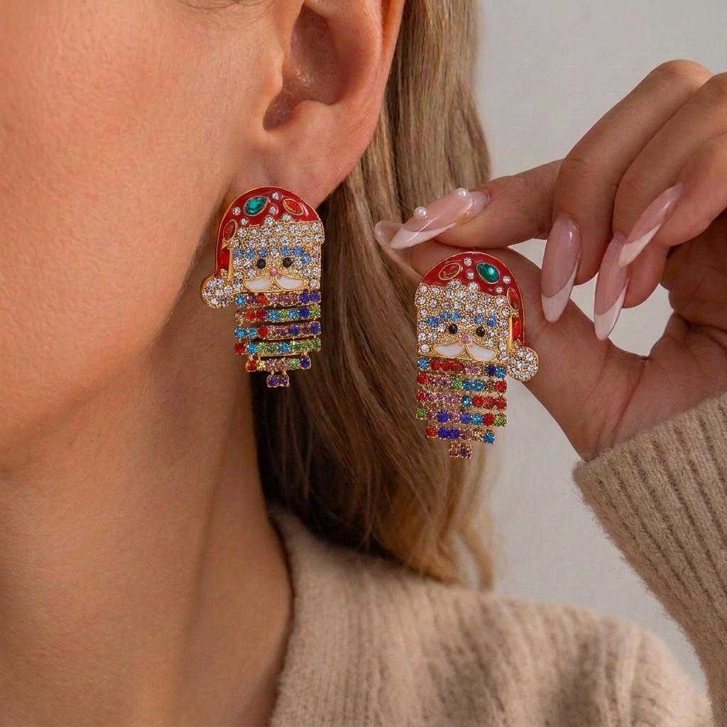 Elegant Christmas Santa Rhinestone Pearl Tassel Drop Earrings for Women Festive Holiday Statement Earrings Christmas Party Gifts
