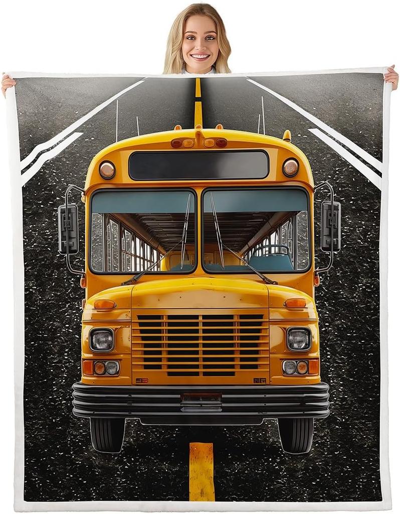 School Bus Blanket Yellow Bus Pattern Fleece Throw Kids Room Decor Back to School Theme Cozy Bed Cover