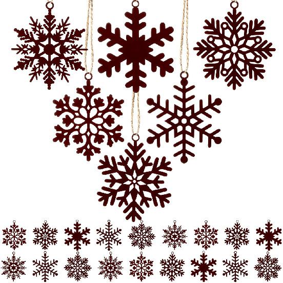 18 Pcs Rustic Metal Snowflake Winter Tree Ornaments Rusty Snowflake Ornaments with Twine Vintage Farmhouse Xmas Tree Hanging Decorations for Home