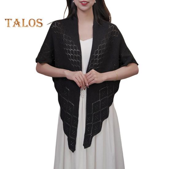 

Жіноча в язана шаль Однотонний дизайн з бахромою Легка універсальна порожниста шаль Відкритий в язаний візерунок Шаль Wrap чорний