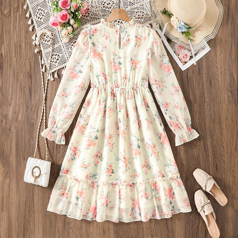 Dívčí šaty Dětské oblečení Podzim a zima Nový styl Květinový potisk Dlouhý rukáv Dívka 8-12Y Princeznovské šaty