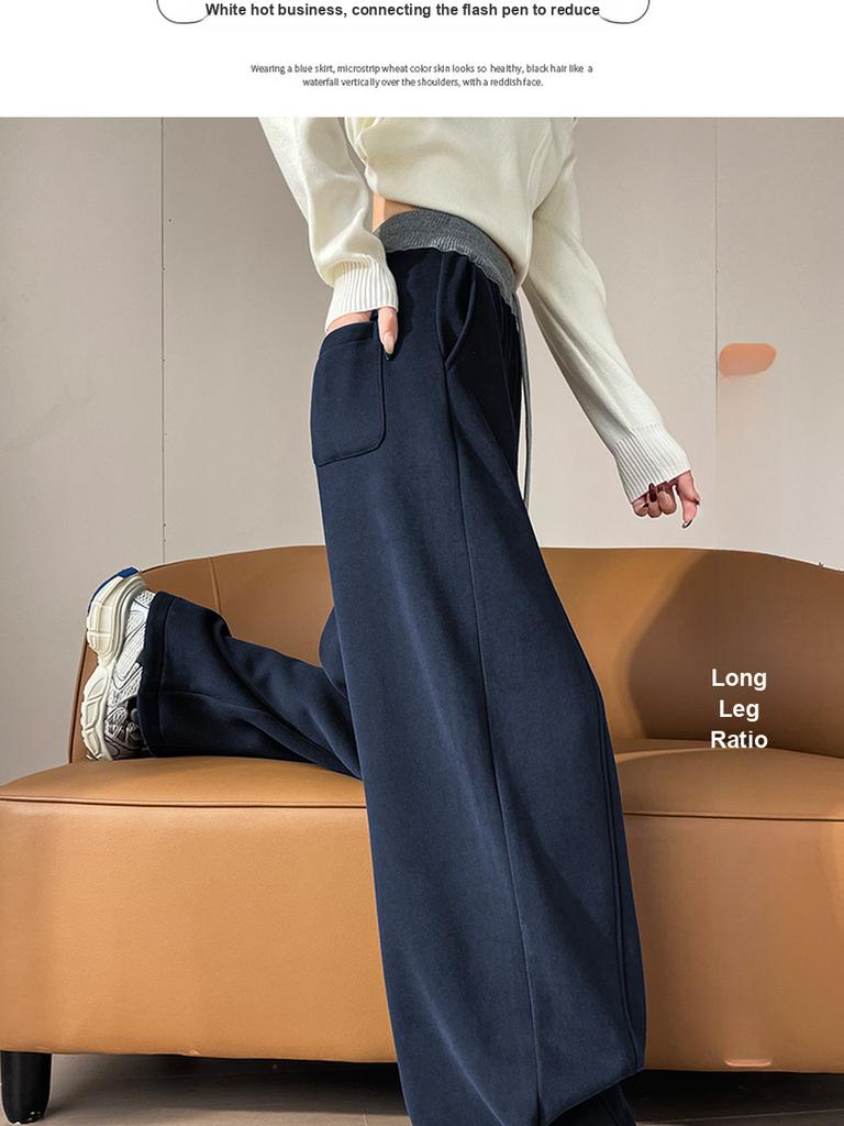 Autumn Winter New Style Fleece Thick High Waist Knife Leg Pants Women Wide Leg Casual Pants