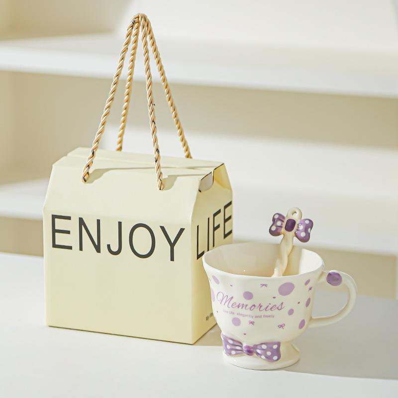 Bow Spoon Goblet Cute Girl Mug Set Drink Water Cup Small Gift Cup High Value Ceramic Cup