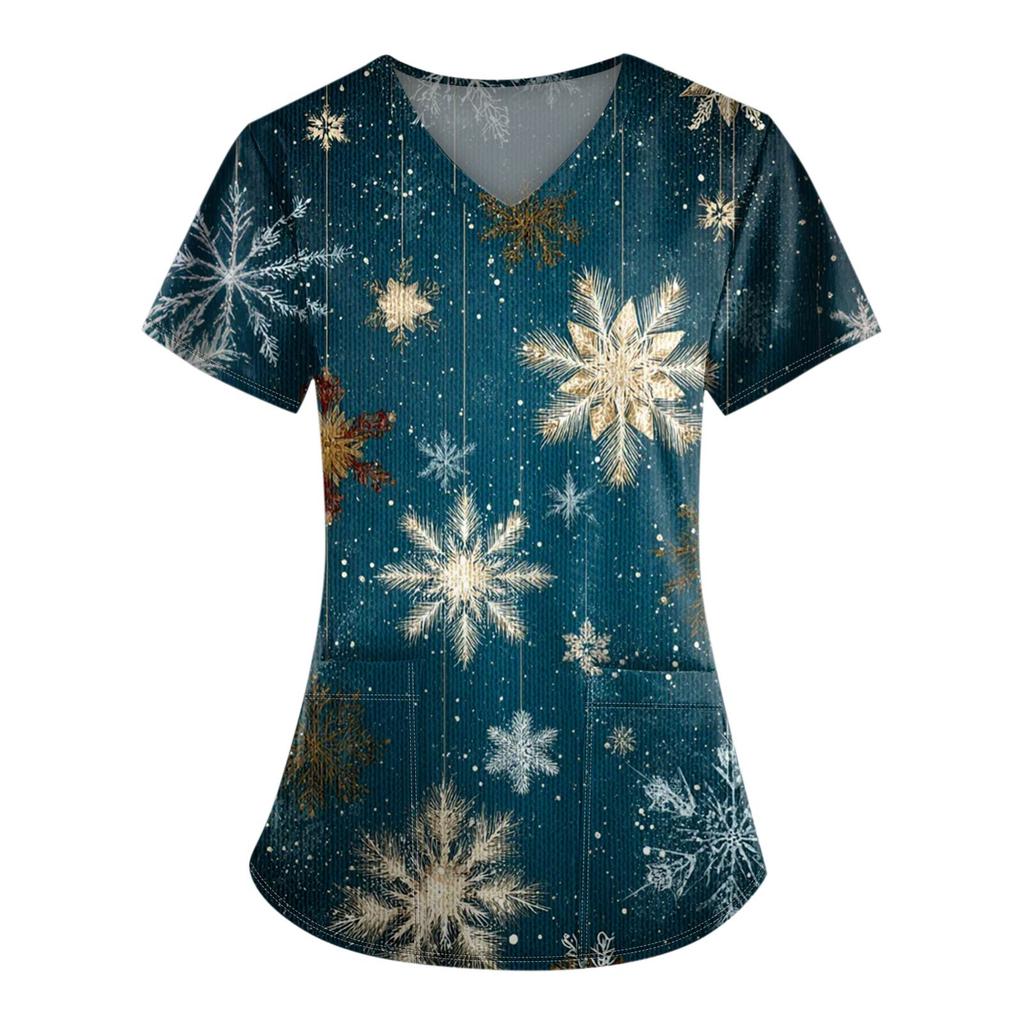 Ladies' Fashionable V-neck Pocket Short Sleeved Christmas Tree Printed Caregiver Shirt